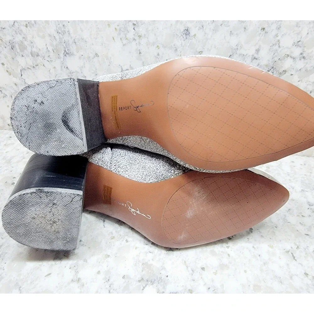 Report Signature 7M Silver Cracked Leather Pointed Toe Ankle Boots Block Heel‎